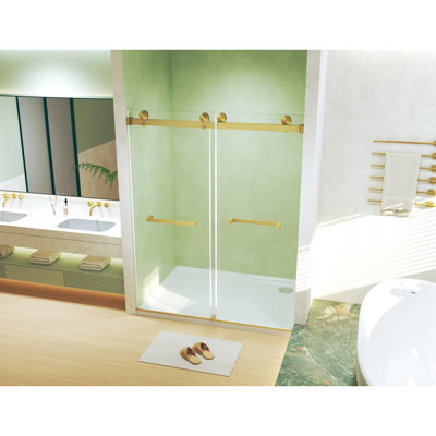 Brushed Gold Square Tube Track Double Sliding Shower Door 56 - 60 "W X 74" H, 8Mm Tempered Glass, Proof Film, Stainless Steel Handle, Raised Water Barrier, Silent For Bathroom Track, Sliding, Barrier