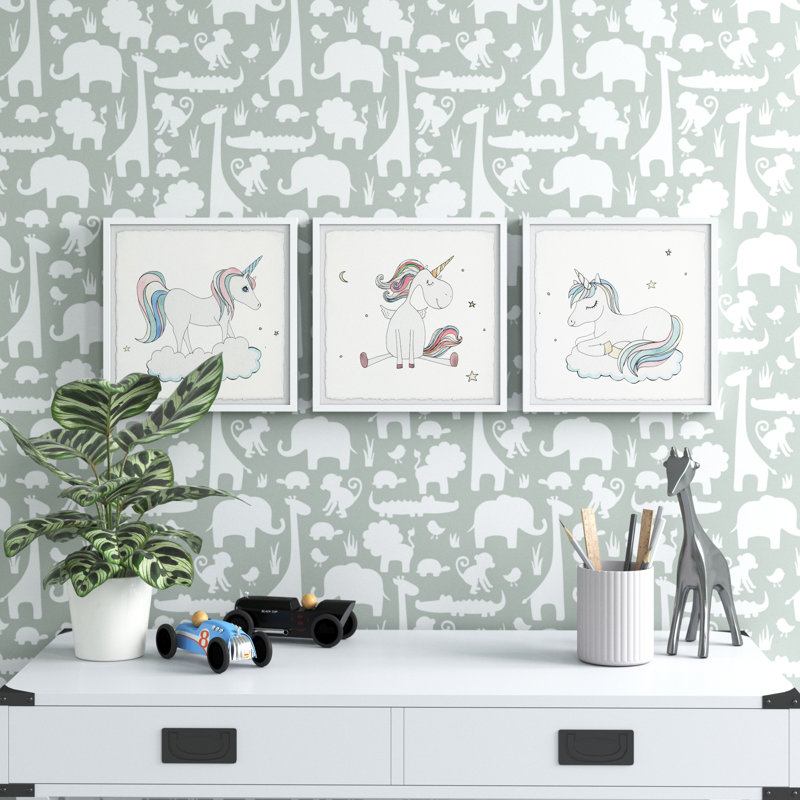 «Proffitt Unicorn Pastime», ensemble de 3 reproductions encadrées, H 12 po x l 12 po