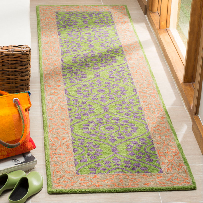 Guzi Hand Hooked Wool/Cotton Floral Rug in Violet/Green, Runner 2'3" x 8'