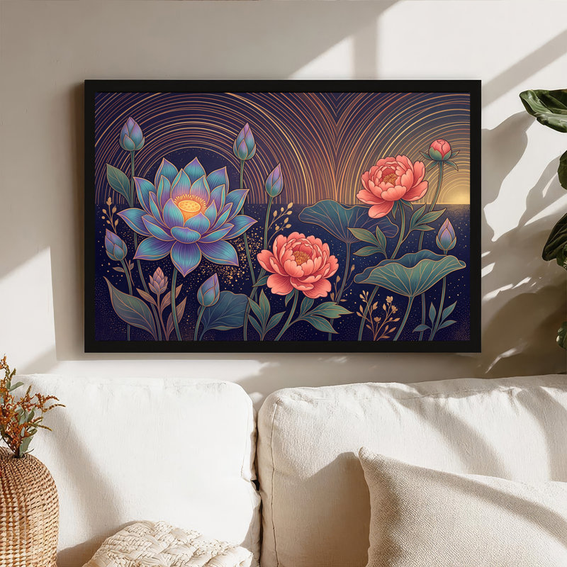 Art mural sur toile de lotus bleu et pivoines roses avec lignes ondulées dorées, 20"H x 30"W