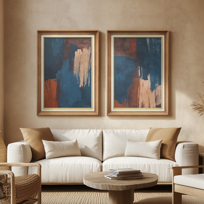 «Deep Blue Rust» abstraite audacieuse moderne - ensemble de 2 reproductions d'art encadrées de qualité supérieure sur papier 26 po x 36 po
