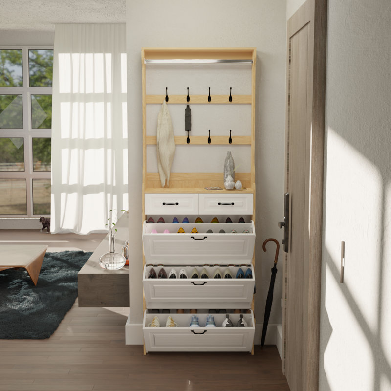 3-Door Shoe Cabinet with 2 Drawers & Hanger - Extra Wide Entryway Storage Organizer, Adjustable Shelves Shoe Bench (Holds 24 Pairs)