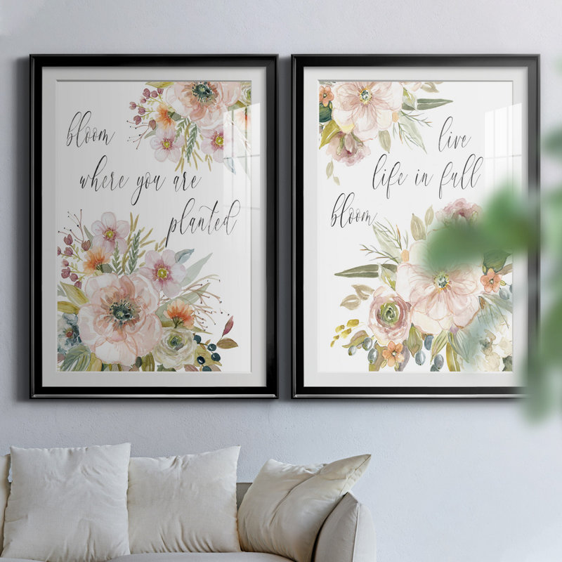 «Peach Bloom I», ensemble de 2 impressions, Blanc, H 26,5 po x l 73 po x P 1,5 po, Papier encadré noir