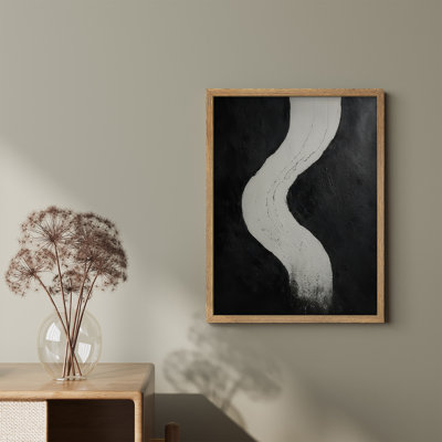 Monochrome Path Framed Print Wall Art - Minimalist Black and White Curved Line Abstract, Bold Contemporary Artwork for Hallway or Living Room Decor