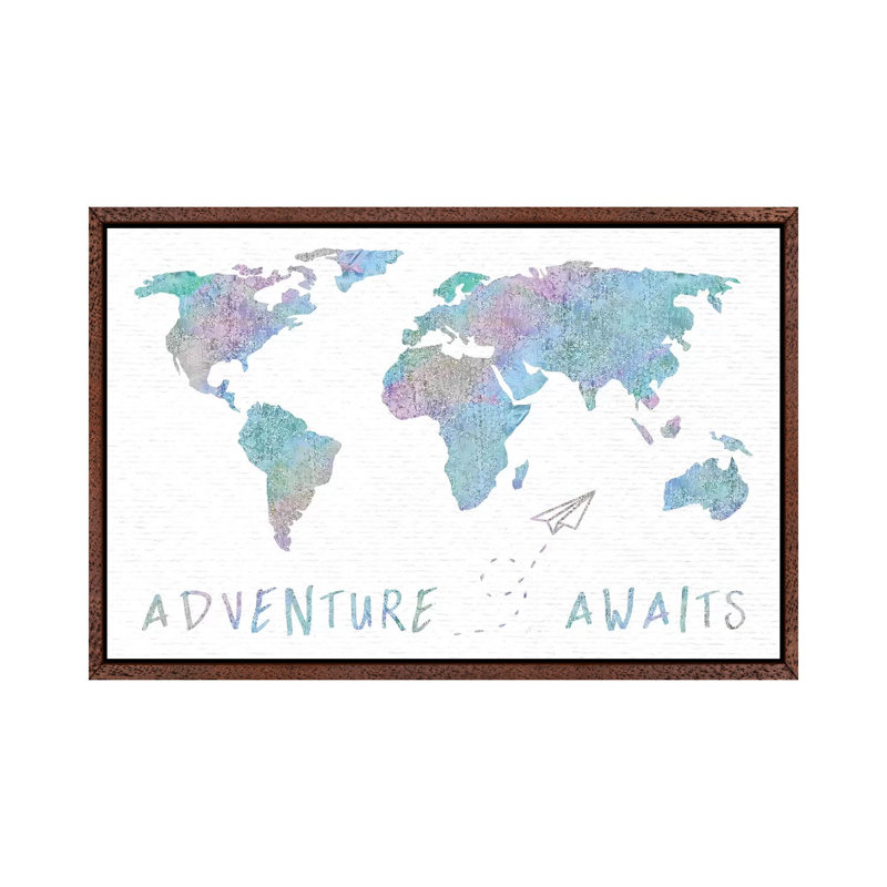 Adventure Awaits Map Metallic Rainbow by Nature Magick - Painting on Canvas, Classic Brown Wood Framed