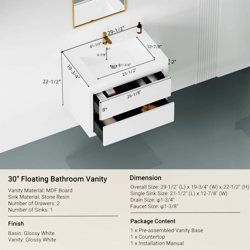 Meuble-lavabo de salle de bain mural 30 po avec lavabo en résine et tiroir, Blanc lustré