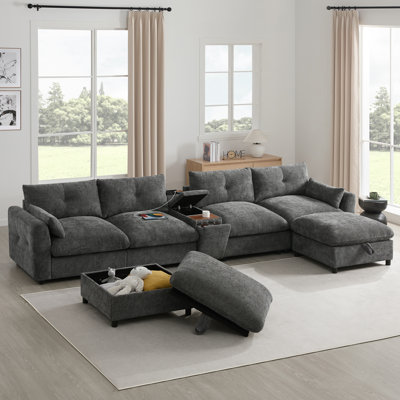 6-Seater Upholstered Chenille Fabric Sectional Sofa With Storage Ottoman by Latitude Run