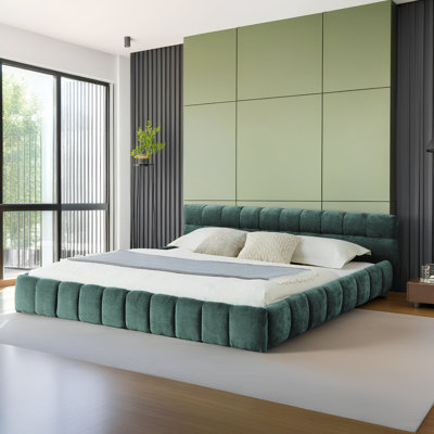 Structure de lit rembourrée avec tissu épais en chenille et lit plateforme avec tête de lit et structure solide