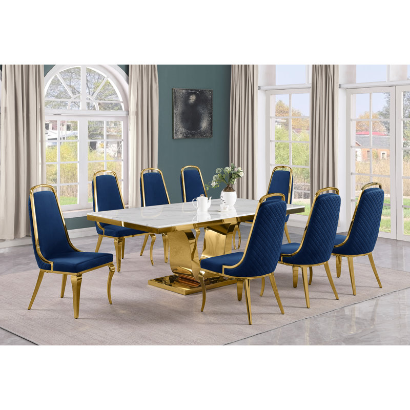 Ensemble de salle à manger rectangulaire L 78 po x l 42 po Kimoria, Bleu marine, 9