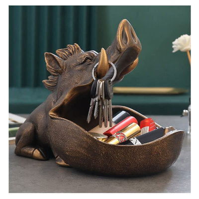 Large Funny Wild Boar Figurine Animal Candy Bowl ,Key Holder Bowl Table,Cute Jewelry Necklace Earring Dresser Sundries Storage Holder Box Resin Sculpture Decor Gold