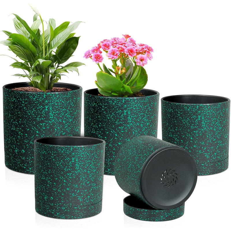 Paquet de 5 pots de plantes en plastique noir / vert tacheté 7 / 6,5 / 6/5/4 po