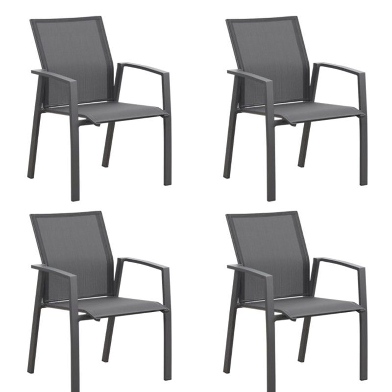 Entièrement assemblé, 4 chaises de patio empilables en aluminium gris avec sièges respirants, conviennent aux petites terrasses et balcons de 4 personnes, respirantes, ergonomiques et confortables à long terme