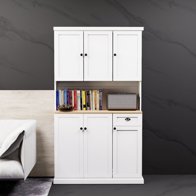 Armoire de cuisine blanche avec comptoir à micro-ondes, armoire autoportante avec tablettes réglables, 6 portes et 1 tiroir