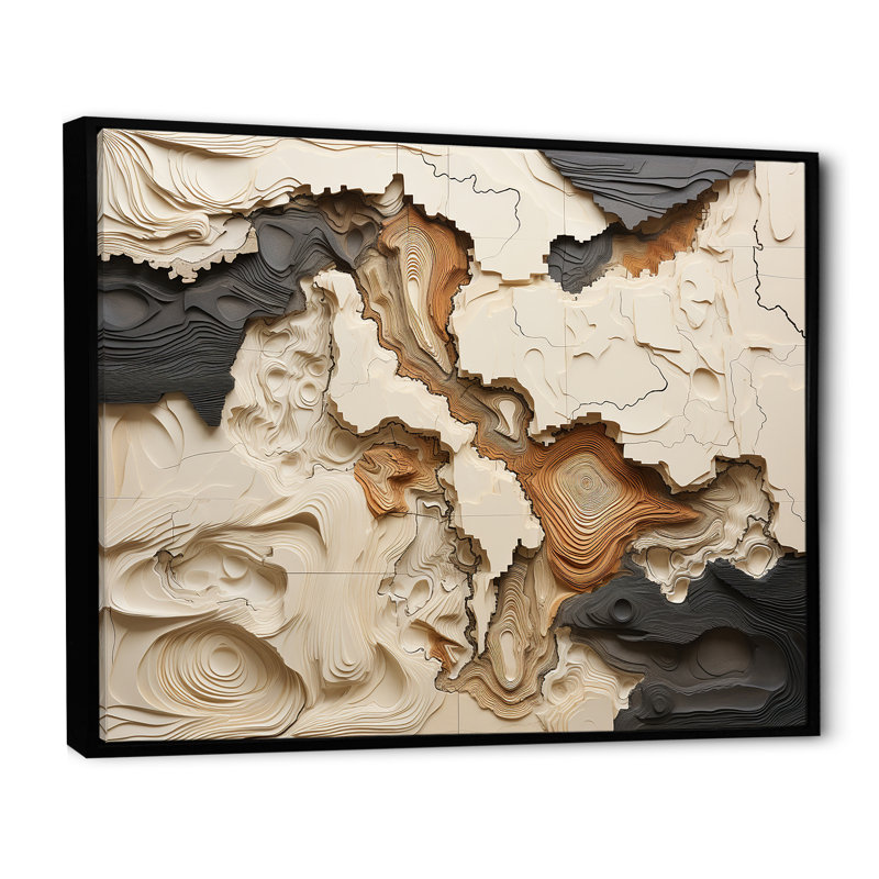 Beige And Brown African River Collage - Abstract Shapes Wall Decor, Floater Framed Print, 34" H x 44" W, Black