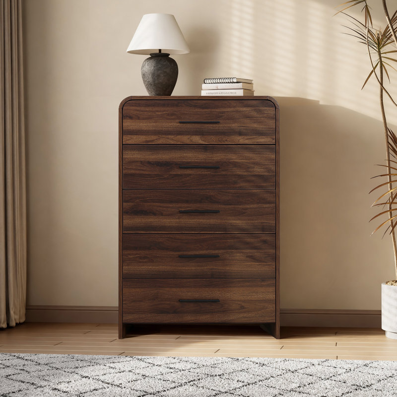 47.4'' Walnut 5 Drawer Dresser, Mid Century Modern Wood Chest of Drawers for Bedroom Storage