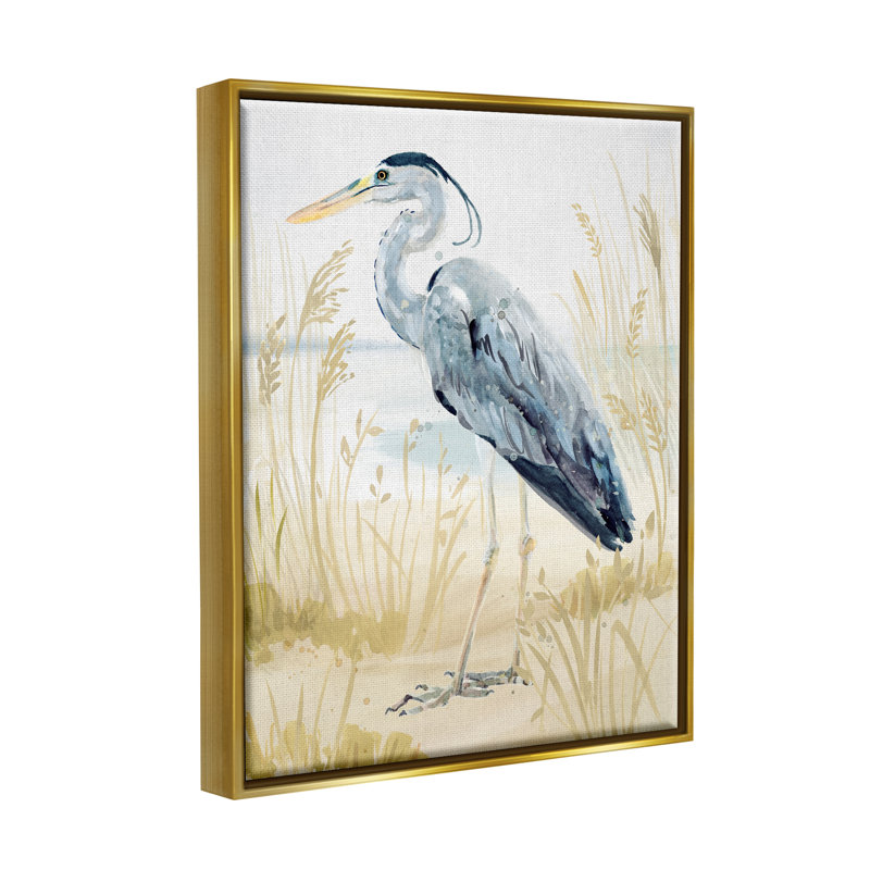Heron et plage de Victoria Barnes, Cadre flottant métallique doré, H 31 po x l 25 po x P 1,7 po