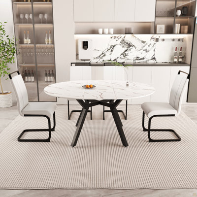 47-63" Expandable Circular Dining Table Set For 4-6 People, Equipped With 4 C-Shaped Tubular Cushioned Armless Dining Chair And An Spacious Dining Table Kitchen Table And Chair Set, With Metal Legs