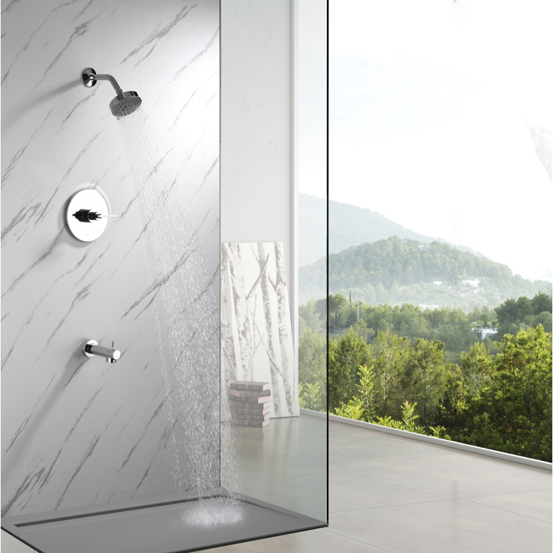 Ardua Collection Shower Trim System: 4-Function 4" Round Shower Head, Single Handle Set, Tub Spout & Rough-in Valve Included - Chrome Polished