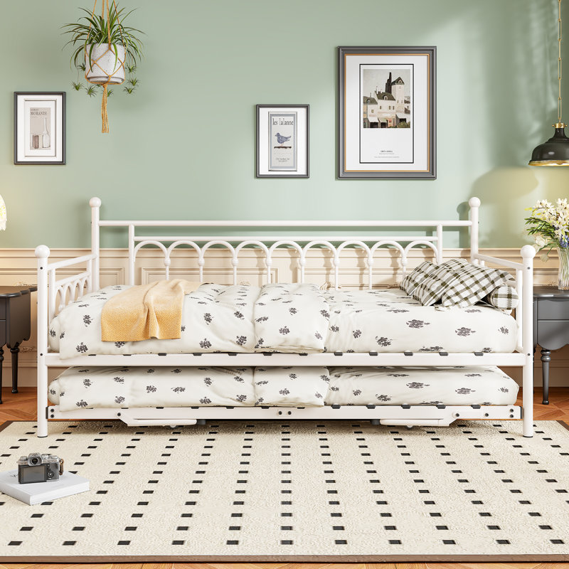 Rackers Twin Steel Metal Day Bed with Pop Up Trundle And Storage Bag, White