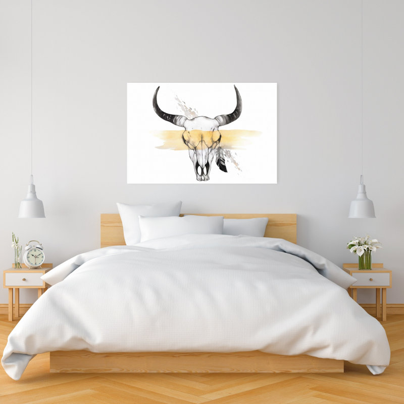Crâne de vache avec plume - décor de toile de salon rustique
