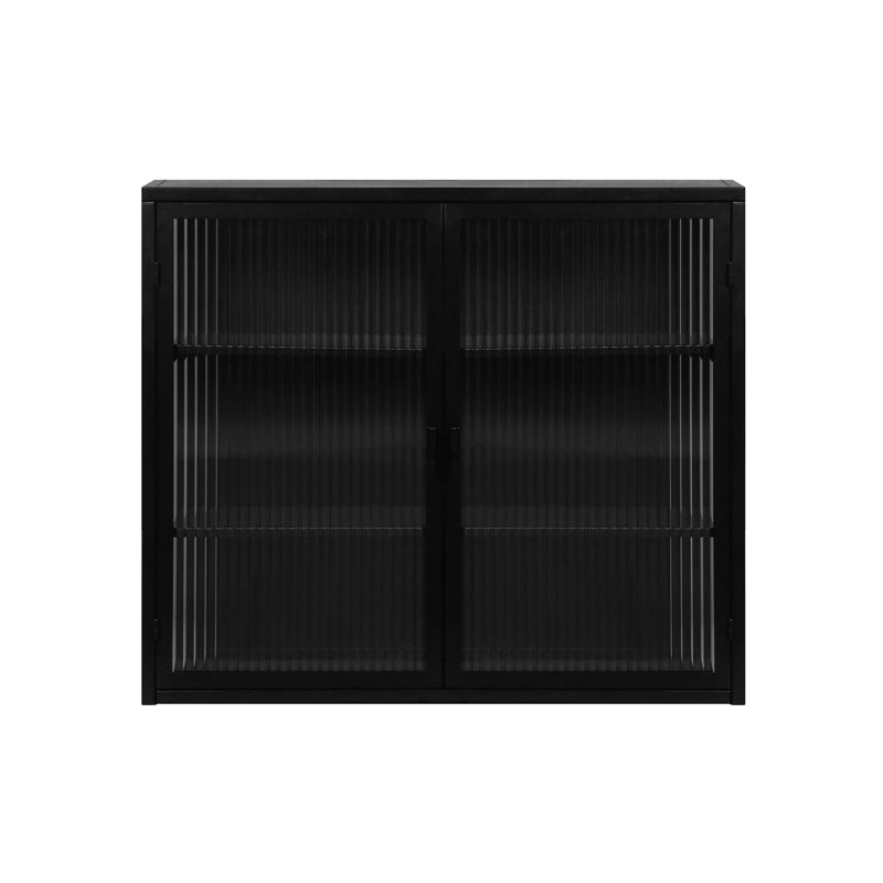 Armoire murale moderne 27,56 po à deux portes en verre avec rangement à trois niveaux pour le hall d'entrée, salle de bain, noir