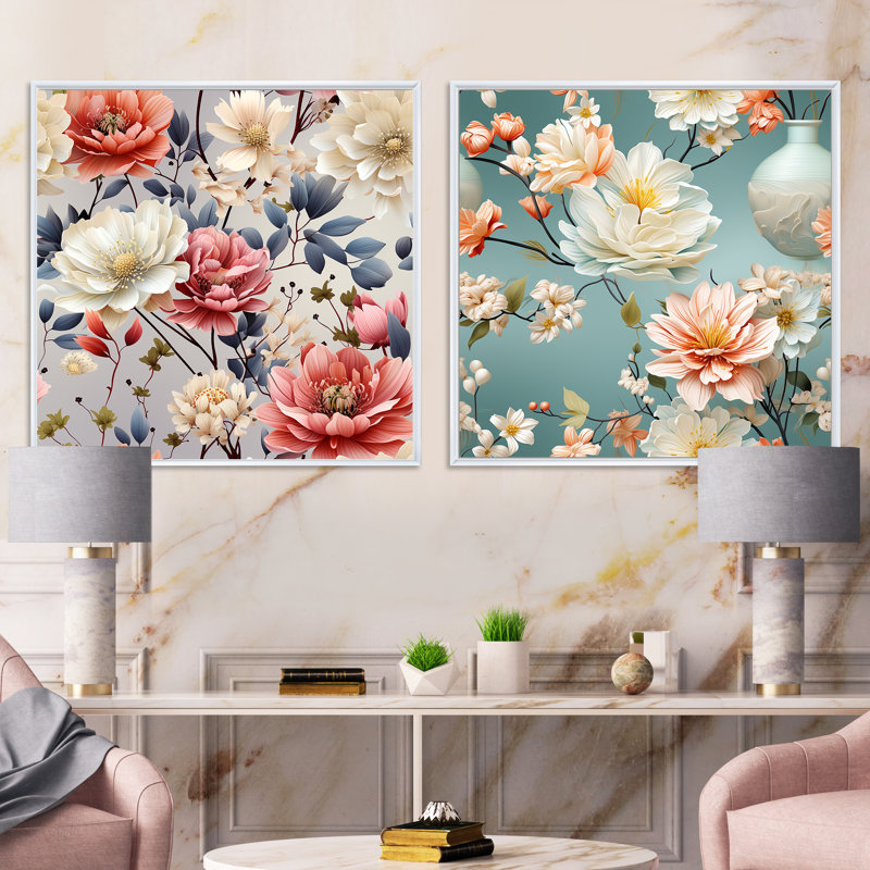 Crader - Ensemble de 2 collages carrés floraux, H 16 po x l 33 po, Cadre flottant blanc