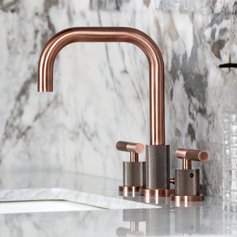 Kingston Brass Convergent Two-Handle 3-Hole Deck Mount Widespread Bathroom Faucet with Knurled Handle and Brass Pop-Up Drain