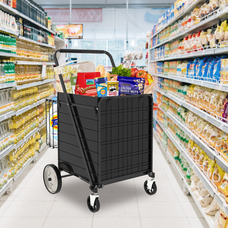 Très grand chariot d'épicerie à 2 niveaux - Roues robustes à 360 °