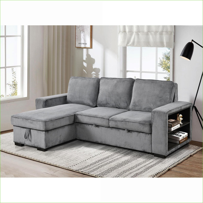 Canapés modulaires | Canapé-lit moderne en L coulissant avec méridienne de rangement, port USB pour le salon | Rembourré | Gris foncé
