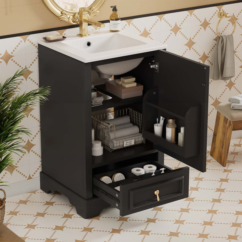 Meuble-lavabo de 20 pouces avec lavabo en céramique et plusieurs options de rangement, Noir