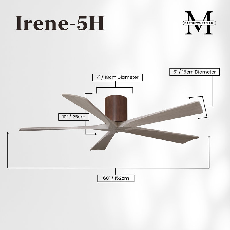 60" Irene 5-Blade Hugger Ceiling Fan with Wall Remote, 60", Brushed Brass, Gray Ash