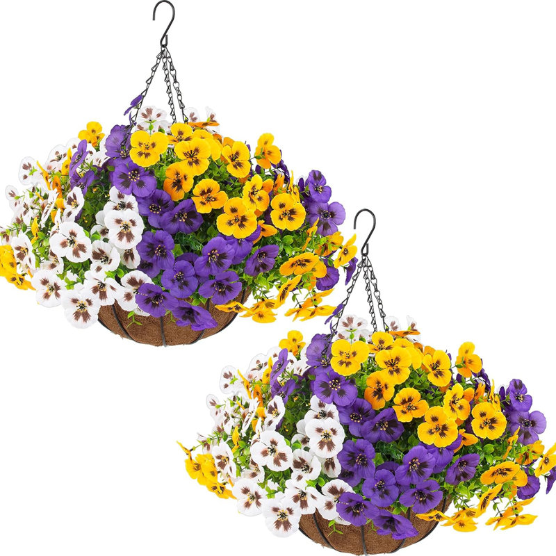 2 Sets Artificial Hanging Pansy Flowers With Baskets, 24 Pcs UV Resistant Faux Silk Pansy Outdoor Hanging Flower For Porch Patio Garden Home Spring Decor