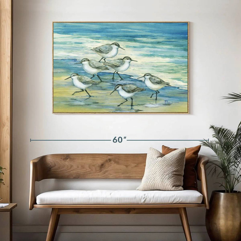 Surfside Sandpipers, 46" X 31", Floating Frame Natural Wood