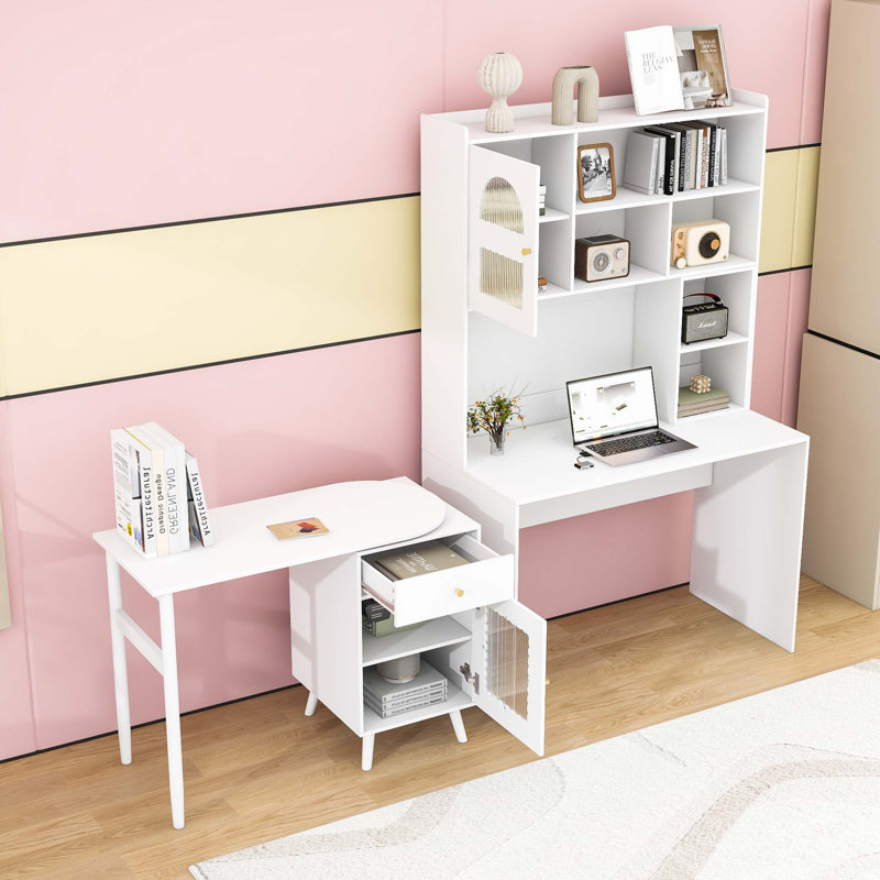 Bureau d'ordinateur avec tiroir de rangement, armoires et tablettes, Blanc