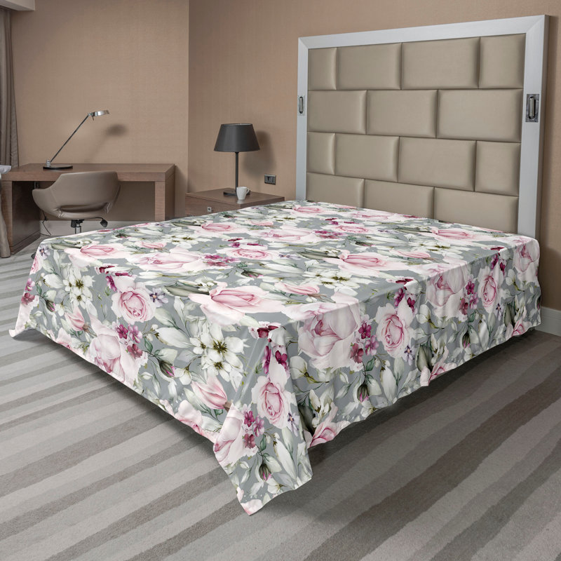 Ambesonne Flowers Flat Sheet Nostalgia Farmhouse, Pale Rose Dark Sea Green