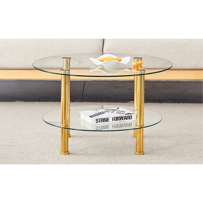 Table basse ronde moderne en verre double couche, dessus de 27,5 po et 23,6 po, pieds dorés, capacité de rangement supplémentaire en métal trempé