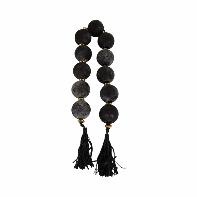 Perles de verre décoratives avec accent en métal et pampille en cuir pour la décoration intérieure - Guirlande élégante pour la décoration de table, de tablette et de salon - Noir et or