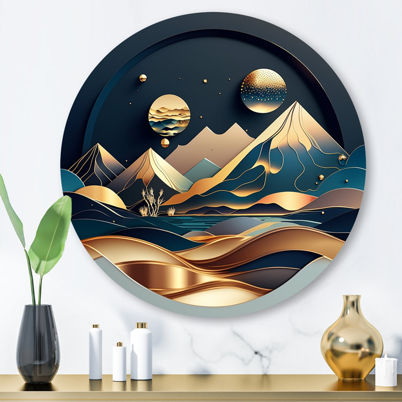 Dreamy Golden Mountain I - Abstract Marble Round Wall Art on Metal, 29" H x 29" W x 1" D