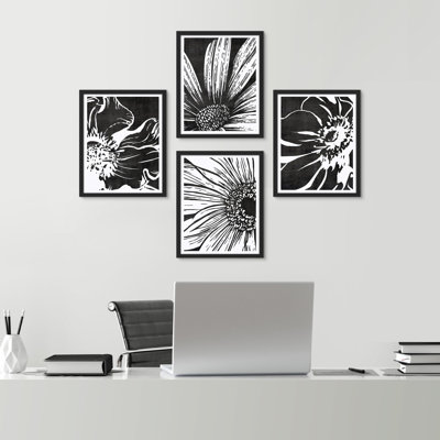 " Black Sunflowers Floral Botanical " 4 - Pieces
