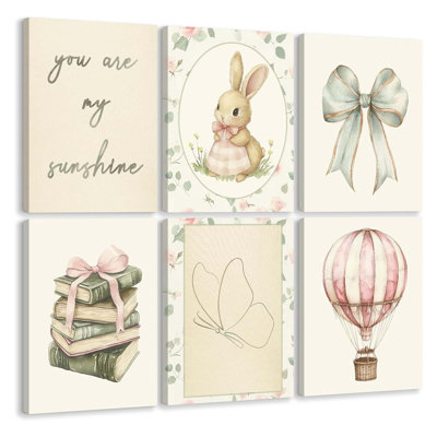 Vintage Nursery Wall Art Baby Girl Room Canvas Wall Decor Pink Flower Bunny Pictures Nursery Bow Art Prints Girl Butterfly Poster Vintage Floral Artwork For Children Bedroom 8X10x6 Inch Ready To Hang
