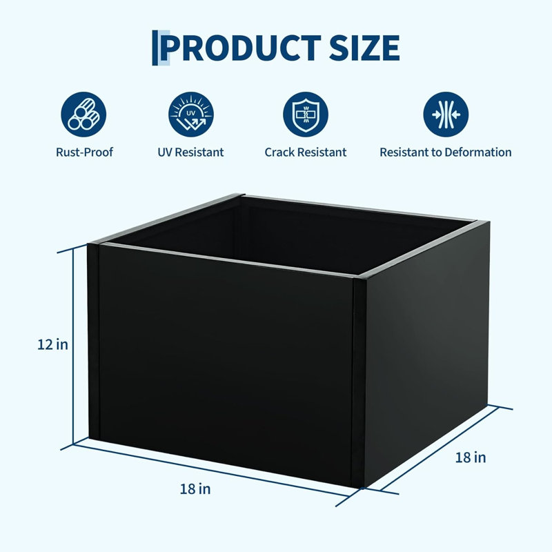 18x18x12 in Snap-Together Metal Raised Garden Bed  Modern Black Square Planter With Base, 18"x18"x12"