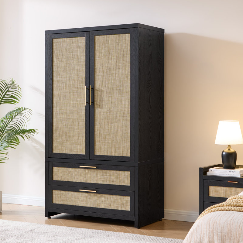 70.86'' H Bohemian - Inspired Rattan Armoire With Adjustable Shelves, Multi - Functional Storage Cabinet With 2-Door And 2-Drawer