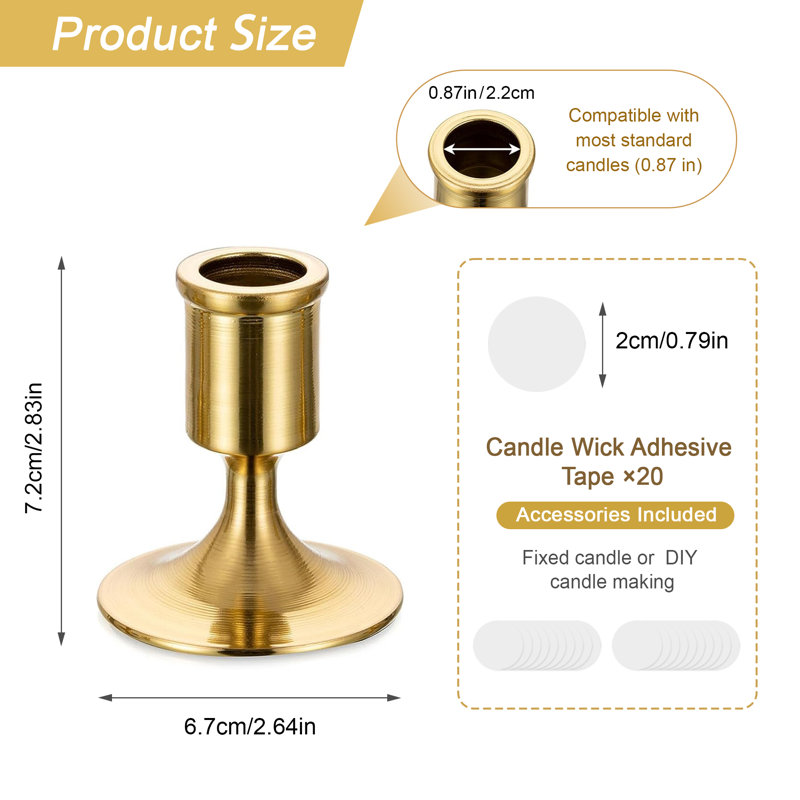 Metal Vintage Gold Candlestick Holders, Set of 4 Gold Taper Candle Holders, for Christmas Mantel Decor, Table Centerpiece & Dining Room, with 20 Pieces Candle Wick Adhesive Tapes