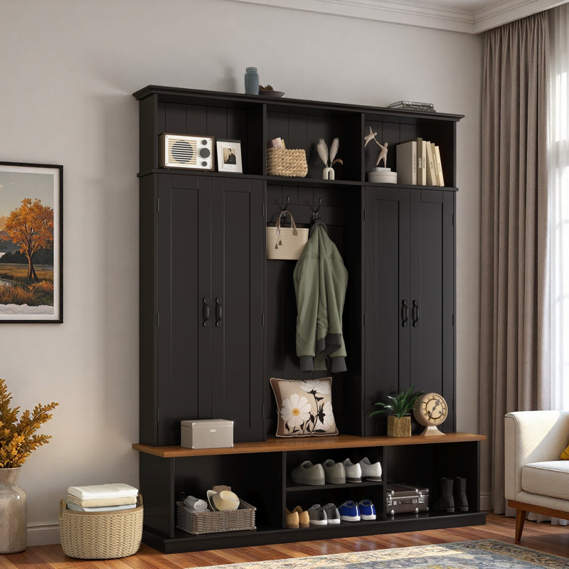 Hall Tree With Bench, Top Cubbies, Bottom Storage Space, Cabinets And Hooks, Black