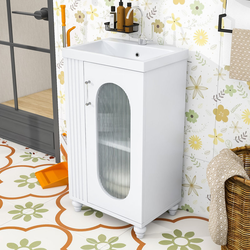 Meuble-lavabo compact avec lavabo et rangement - Panneau de fibres à densité moyenne imperméable, lavabo en céramique, Blanc