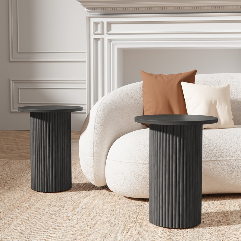 22"Tall Pedestal Wood Round End Table, Handcrafted Solid Wood Fluted（Set Of 2）, Black