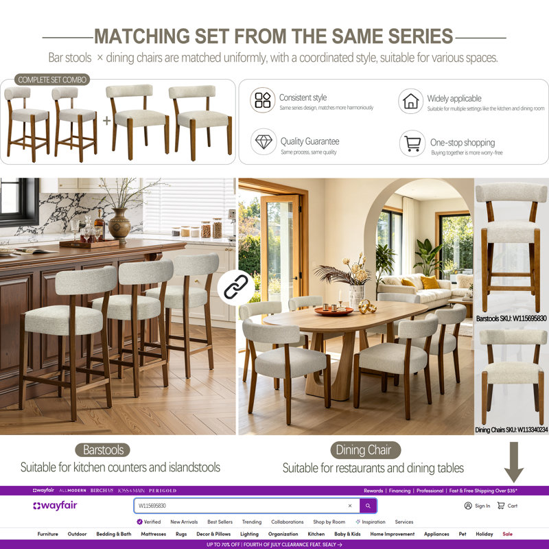 Cindina Mid-Century Modern Dining Chairs Beige Fabric Upholstered Wood Frame Kitchen Chairs, Beige Linen/Brown