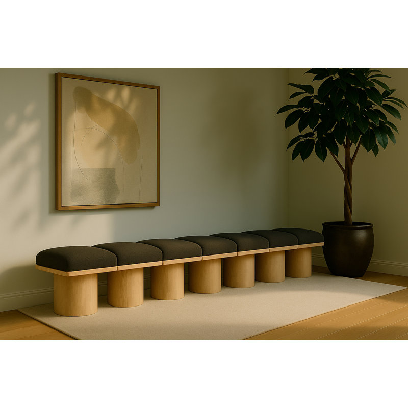 Banc rembourré Horatia, Tissu brun bouclé, Naturel, H 17,5 po x l 126 po x P 15,5 po