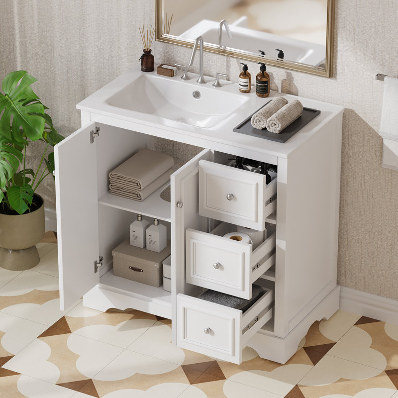 Meuble-lavabo simple 36 po avec plateau en céramique, Blanc