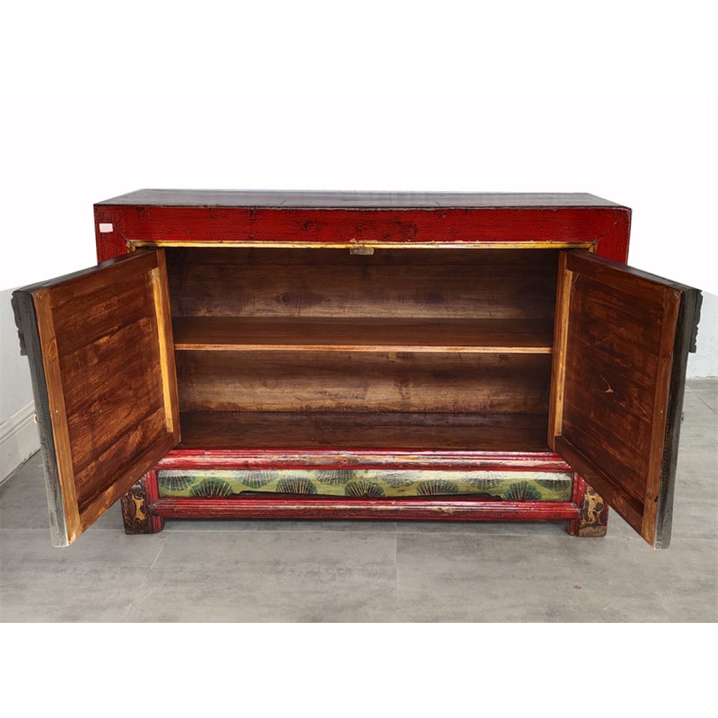 Armoire d'appoint antique rouge Shanxi avec portes à bordure sculptée